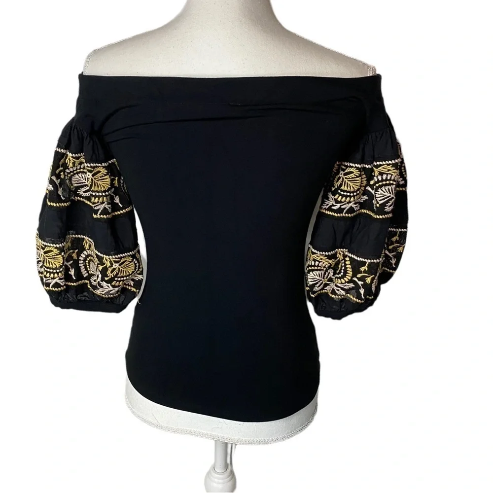 Free People Rock With‎ It Black Embroidered Off the Shoulder Top XS